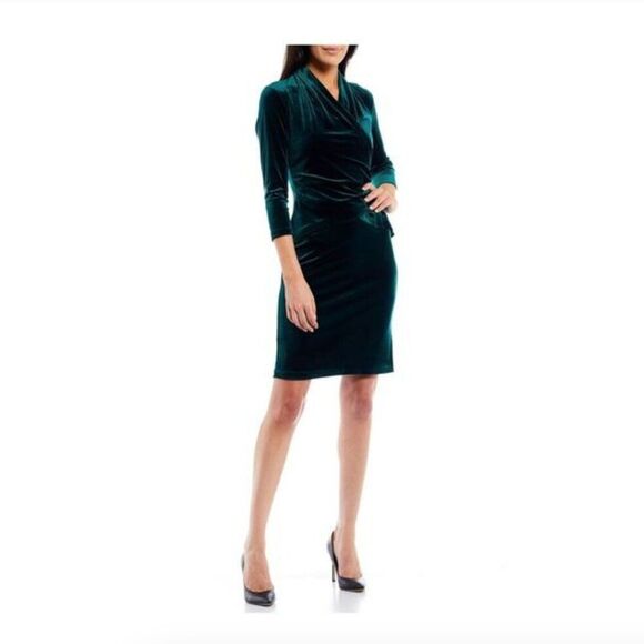 Calvin Klein Size 6 Green Velvet Faux Wrap Dress 3/4 Sleeve - Picture 1 of 14